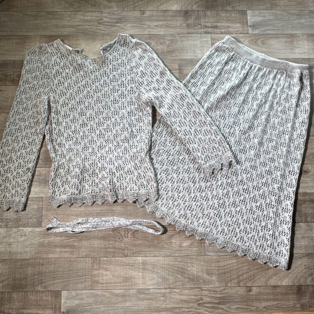 Vivanti Vintage 2 Piece Knit Set Open Knit Blouse And Skirt Beige Boho